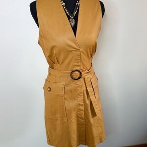 Camel Utility Mini Dress Belted Sleeveless Deep V Large